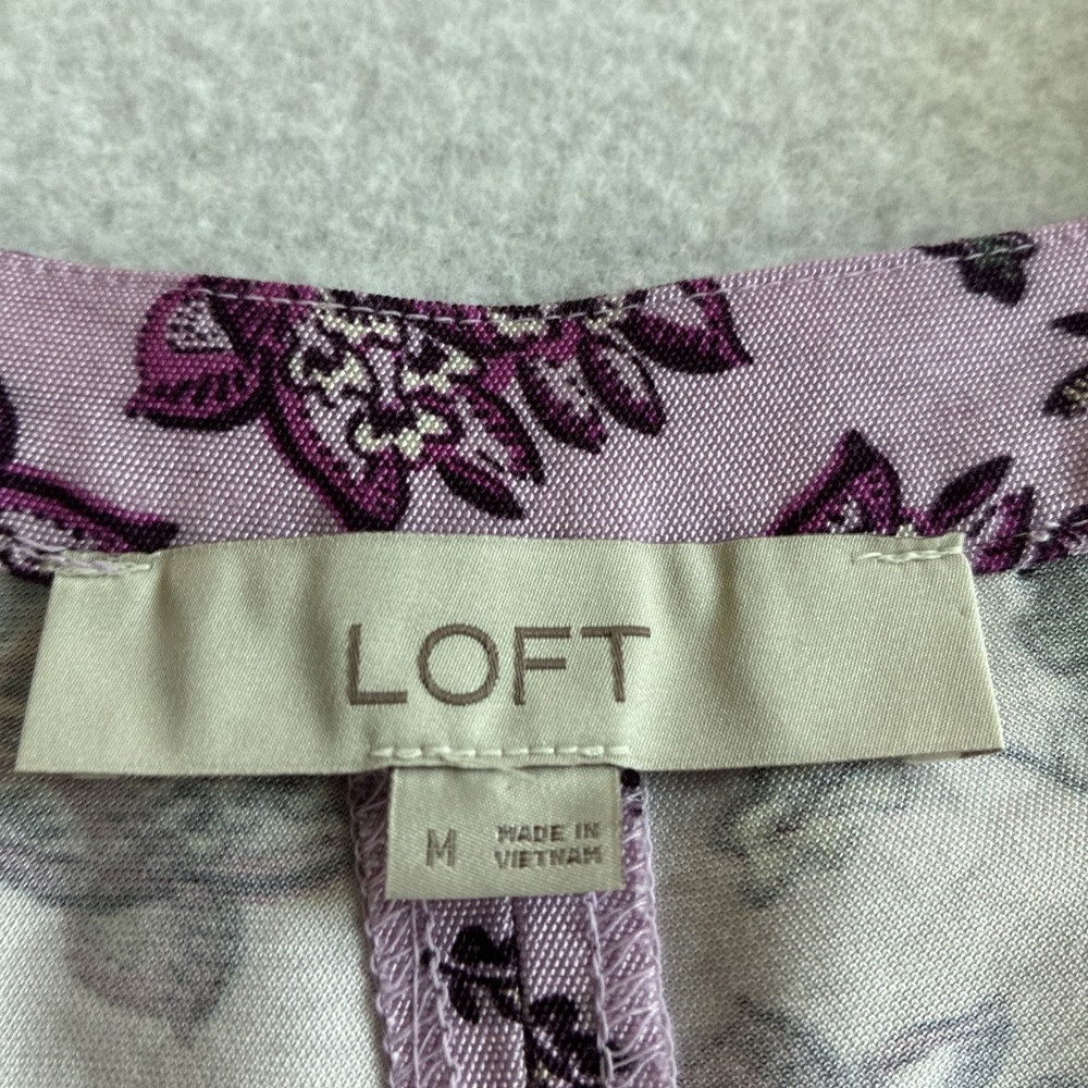Loft Women's Floral V-neck 3/4 Sleeve Midi A-Line Dress Tie Waist Size Medium - Picture 9 of 12